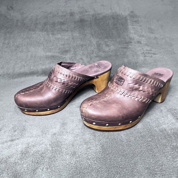 UGG Australia Clogs Women's Round Toe Leather Mules Brown Size 8 US F8910K Studs - Picture 2 of 8